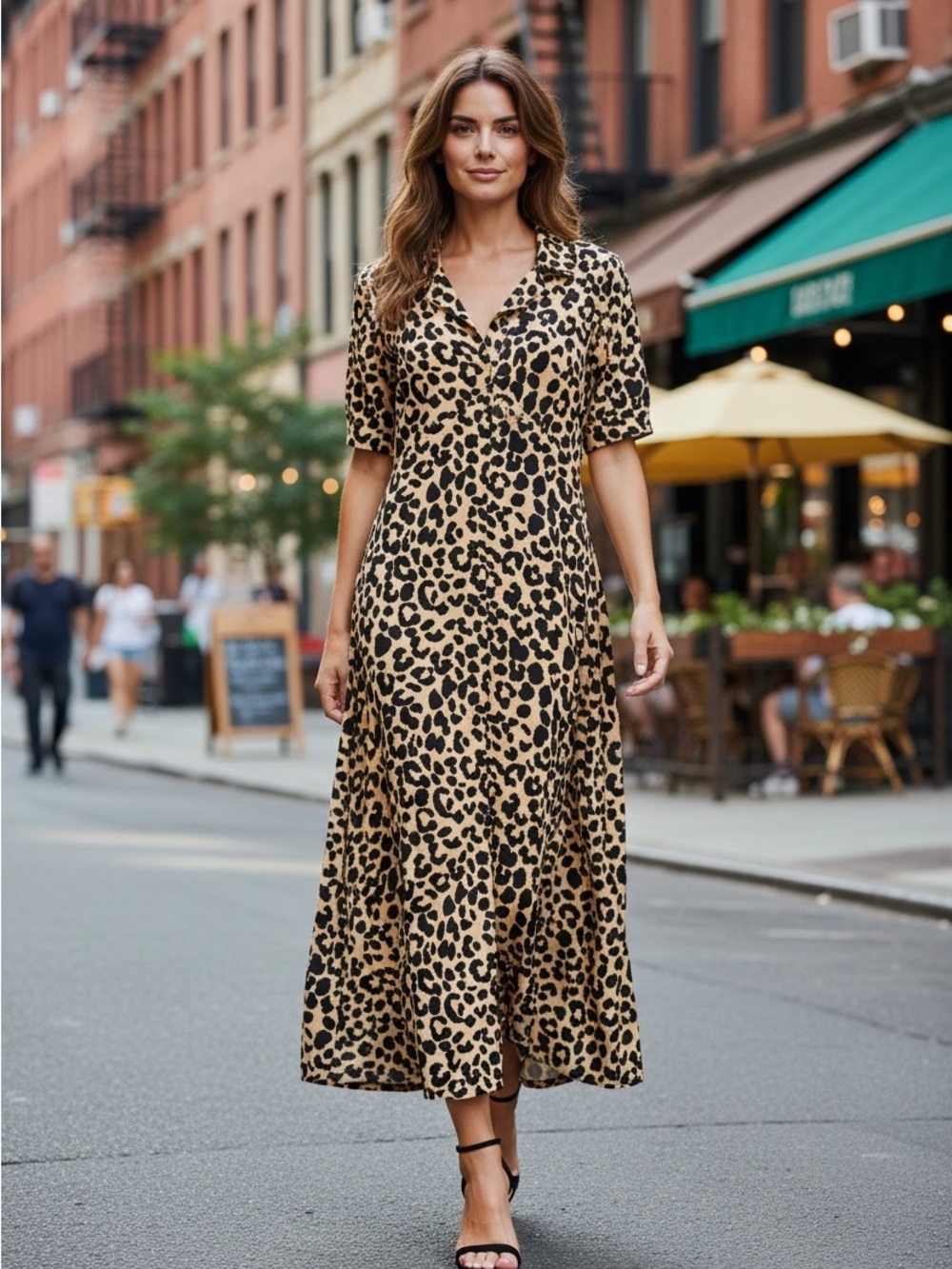 ASOS Ultimate Midi Tea Dress in Leopard Print. Puff Sleeves and Slit Detail.